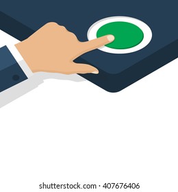 Man pressing a red button with your finger. Vector illustration of a flat design, isometry. Hand button. Isolated on white background. Start, switching, alarm. Click, push, press.