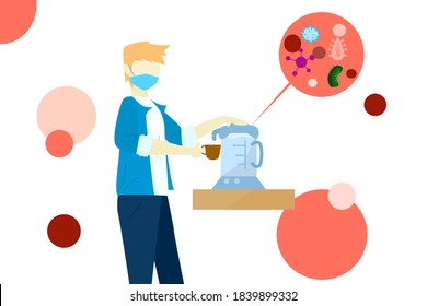 A man pressing a thermos  To drink coffee.  Lifestyle your morning routine.  Concept image of germs and bacteria living around us.  Cartoon style vector