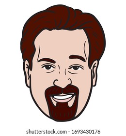 Hombre con una mirada pretenciosa y ceja levantada.  Macho, avatar, barba, cabeza, emoción, fresco, riéndose, confiado.
