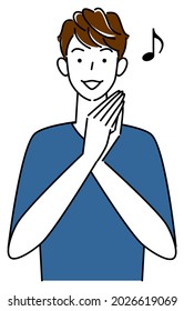 A man with a pretty smile, happy to see both palms together. Simple illustration. vector.