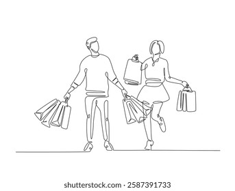Man and Pretty woman holding shopping line art drawing vector illustration. Continuous line art drawing of happy shopping concept. Editable stroke.
