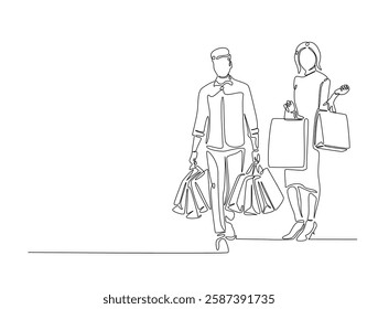 Man and Pretty woman holding shopping line art drawing vector illustration. Continuous line art drawing of happy shopping concept. Editable stroke.