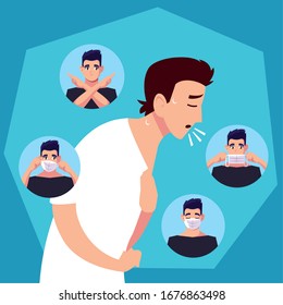 man prevents coronavirus and symptoms vector illustration design