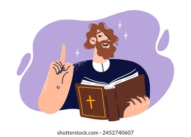 Man priest with bible points finger up, giving instructions to parishioners, want to join christian religion. Book with catholic cross in hands of priest from church reading sermon about god