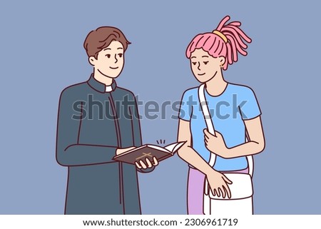 Man priest from catholic church stands near woman come to temple for blogging or confession. Religious girl wants to confess in church to find peace and harmony or forgiveness of sins