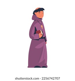 Man Priest or Monk from Middle Ages Wearing Hooded Gown with Cross Holding Bible Vector Illustration