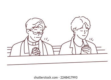 Man and priest praying in church. Guy and pastor with prayer hands pray in cathedral. Religion and faith. Vector illustration. 