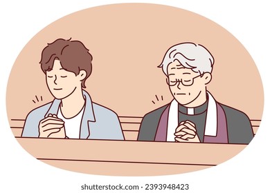 Man and priest praying in church. Guy and pastor with prayer hands pray in cathedral. Religion and faith. Vector illustration.