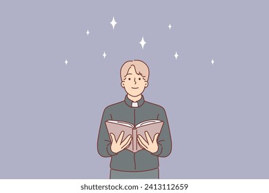 Man priest reads gospel for christian catholics with smile training to become church employee. Young guy, novice of protestant church with bible in hands, admires stars of universe