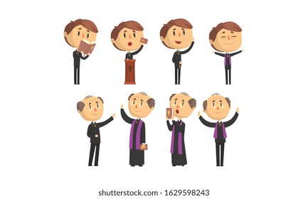 Man Priests Characters Collection, Young and Mature Catholic Preachers Blessing, Praying, Giving Speech Vector Illustration