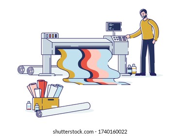 Man printing at plotter wide format large banner with coloful ink. Printshop and polygraphy office worker. Typography concept. Cartoon linear vector illustration
