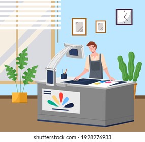 Man printing at plotter wide format. Printshop and polygraphy office worker. Typography concept. Printing house advertising agency, polygraphy industry with professional equipment printing press