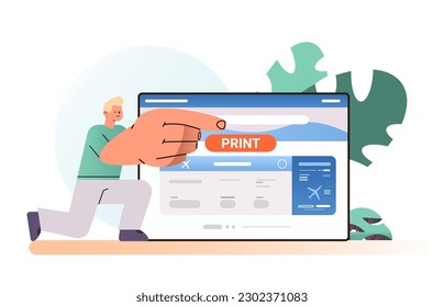 man printing tickets via computer app online booking searching for flight service concept horizontal