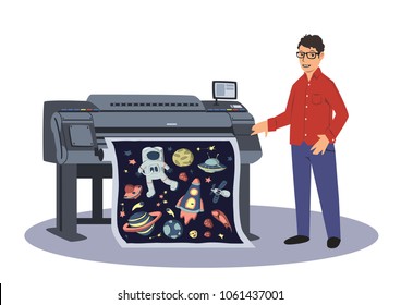 A man prints on a large-format plotter. Printing worker. Vector illustration, isolated on white background.