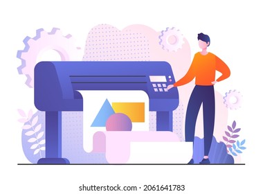 Man prints on paper. Office employee prepares reports, documentation. Bright geometric shapes, color printing. Modern technology. Cartoon flat vector illustration isolated on white background