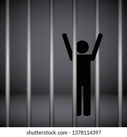 man in a prison behind jail bars jailbreak pictogram vector illustration EPS10