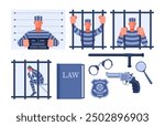 A man in prison clothes is behind bars in a prison, under arrest. Set of illustrations about prison, imprisonment, arrest, crime, trial and sentence. Vector illustration in blue.