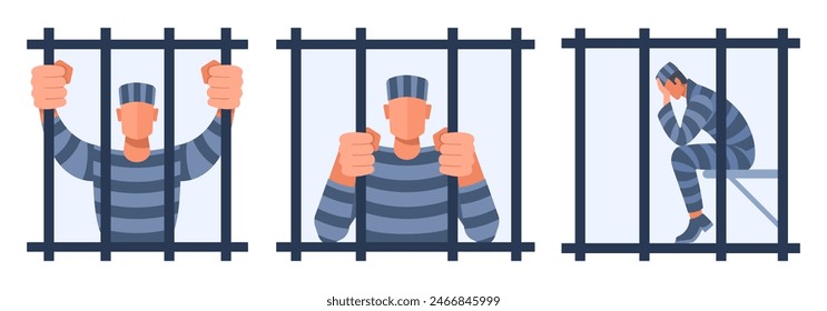 Un hombre vestido de prisión está tras las rejas en una prisión, bajo arresto. Conjunto de ilustraciones sobre la cárcel, el encarcelamiento, el arresto, el delito, la Prueba y la sentencia. Ilustración vectorial en azul.