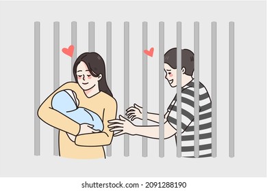 Man in prison have wife and little newborn baby visiting. Woman with infant come to husband criminal. Father in jail for misdemeanor or crime. Family instability. Flat vector illustration. 