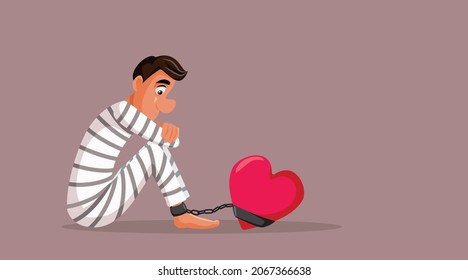 Man Prisoner to His Heart Vector Cartoon Illustration. Man with fear of commitment feeling trapped suffering in prison uniform
