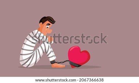 Man Prisoner to His Heart Vector Cartoon Illustration. Man with fear of commitment feeling trapped suffering in prison uniform
