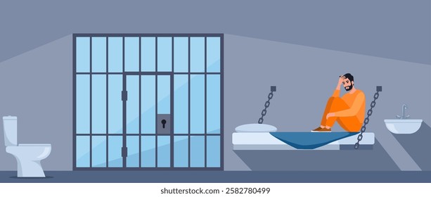 Man in prisoners cell. Serving time for crime. Violation of law. Guy in orange uniform on bunk. Jail interior. Convicted lawbreaker sitting on bed.