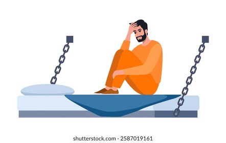 Man in prisoners cell. Serving time for crime. Violation of law. Guy in orange uniform on bunk. Jail interior. Convicted lawbreaker sitting on bed.