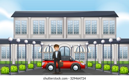 Man and private car in front of building illustration