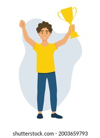 A man with a prize cup in his hand. Victory. Vector image on an isolated white background.