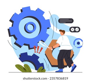 Man with problem analysis concept. Young guy with magnifying glass look at gears and coghweel. Entrepreneur or analyst evaluates workflow efficiency. Cartoon flat vector illustration