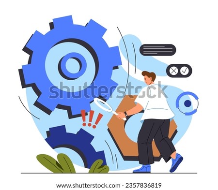 Man with problem analysis concept. Young guy with magnifying glass look at gears and coghweel. Entrepreneur or analyst evaluates workflow efficiency. Cartoon flat vector illustration