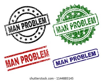 MAN PROBLEM seal prints with corroded style. Black, green,red,blue vector rubber prints of MAN PROBLEM caption with grunge texture. Rubber seals with circle, rectangle, medal shapes.