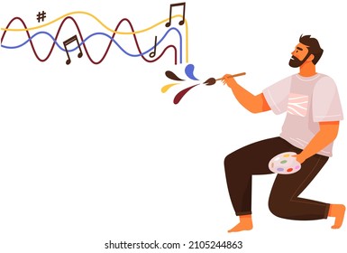 Man in process of drawing and creating music. Mental mindset to create art. Mind behavior, creativity, imagination development concept. Guy creates masterpiece of art, draws abstract picture