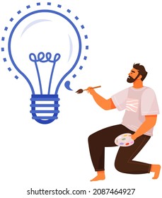 Man in process of drawing light bulb. Mental mindset to create art. Mind behavior, creativity, imagination development concept. Guy creates masterpiece of art, new idea symbol, lightbulb picture