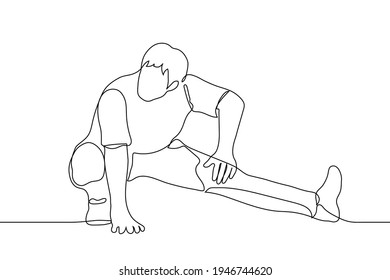 man in the process of stretching his legs - one line drawing. The concept of warming up or training leg muscles