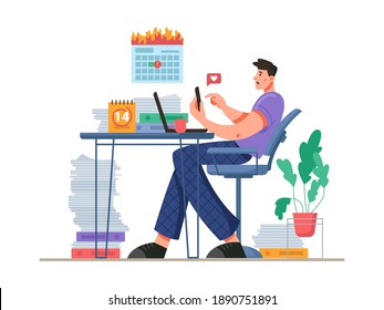 Man procrastinating and distracting by using social networks instead of working. Deadlines and heavy workload and tasks. Lack of motivation and pressure at home. Cartoon character, vector in flat