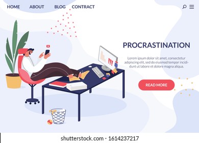 Man procrastinating on the workplace banner. Worker surfing the Internet and wasting time concept. Vector illustration with businessman resting and seating at his desk during working hours.