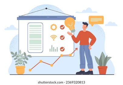 Hombre con el concepto de presentación de productos. Publicidad y marketing, comercio. Bien hecho tipo hablando de su idea en público. Inicio y proyecto de negocio. Dibujo vectorial plano de dibujos animados