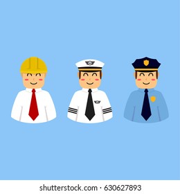 Man in profession job as engineer, pilot, and police character icon for kids in fun flat style
