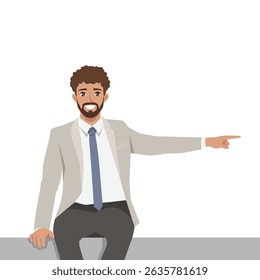 Man in professional attire sits and points to the right suggesting direction or guidance. Flat Vector character illustration