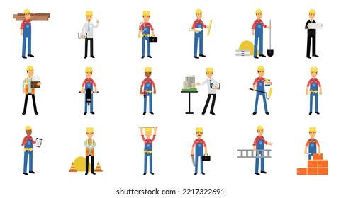 Man Professional Builder Character in Hard Hat and Overalls Working on Construction Site Vector Set