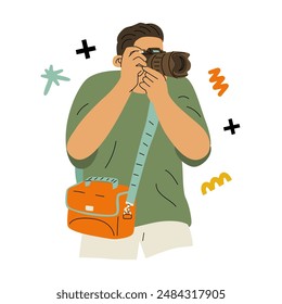 Un hombre con una cámara profesional toma fotografías. Un reportero gráfico está haciendo un reportaje. Capturando eventos. Ilustración vectorial aislada sobre fondo transparente.