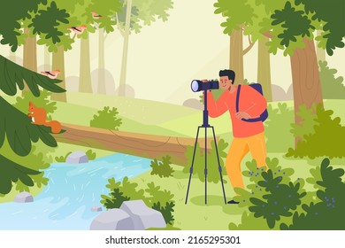 Man with professional camera taking photo of squirrel in forest. Photographer in park watching animals flat vector illustration. Photography, nature concept for banner, website design or landing page