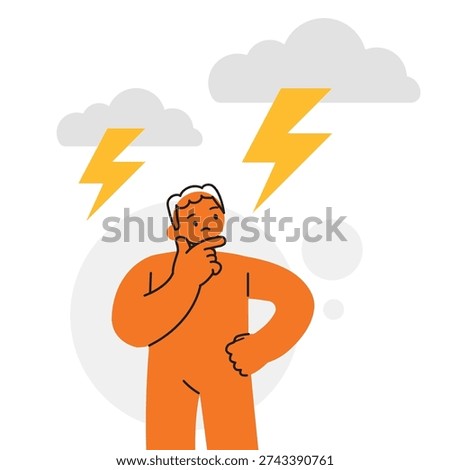 Man Professional Character Thinking with Storm Clouds and Lightning Representing Intense Brainstorming Concept. Character Vector illustration design.