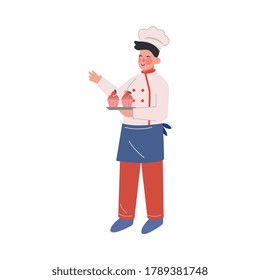 Man Professional Chef Character with Delicious Cupcakes, Male Baker Wearing Traditional Uniform Working in Restaurant or Cafe, Vector Illustration