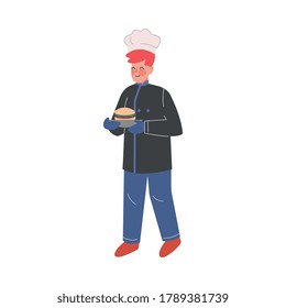 Man Professional Chef Character with Freshly Cooked Burger, Male Baker Wearing Traditional Uniform Working in Restaurant or Cafe, Vector Illustration