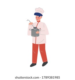 Man Professional Chef Character with Saucepan and Laddle, Male Kitchener Wearing Traditional Uniform Working in Restaurant or Cafe, Vector Illustration