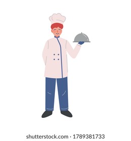 Man Professional Chef Character with Silver Cloche, Male Kitchener Wearing Traditional Uniform Working in Restaurant or Cafe, Vector Illustration