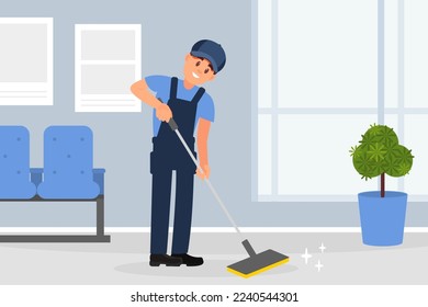 Man professional cleaner in uniform cleaning floor using mop. Cleaning service company staff flat vector