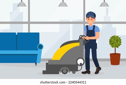Man professional cleaner in uniform operating floor scrubber machine. Cleaning service company staff flat vector